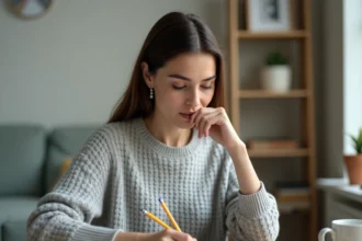 Femme adulte concentrée passant un test de QI imprimé à son bureau à domicile, ambiance studieuse et moderne