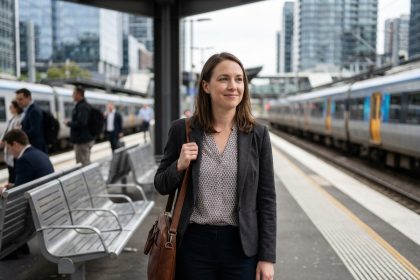 Femme d affaires sur quai de train en milieu urbain
