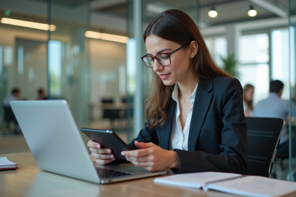 Jeune femme en bureau moderne utilisant une tablette pour analyser des données
