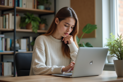 Jeune femme concentrée sur son ordinateur dans un bureau moderne