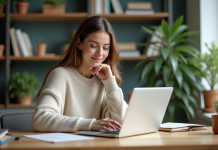 Femme concentrée travaillant sur son ordinateur portable à domicile