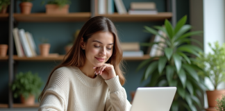Femme concentrée travaillant sur son ordinateur portable à domicile