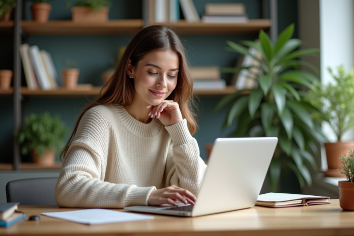 Femme concentrée travaillant sur son ordinateur portable à domicile