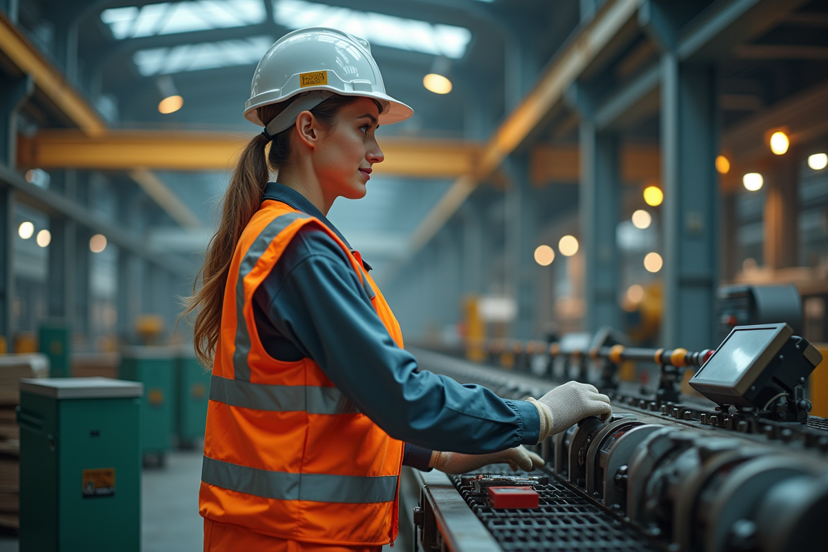 Jeune femme en uniforme industriel manipulant une machine