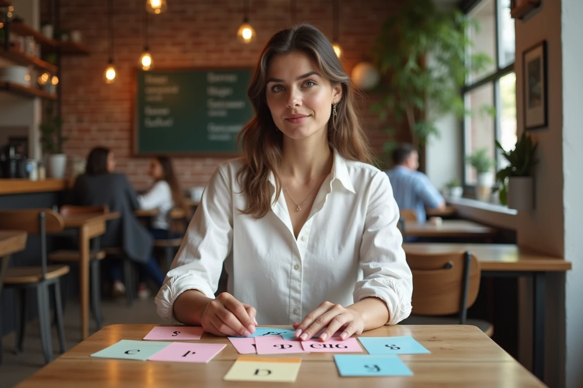 Femme organisant des fiches de révision couleur pour apprendre le passé simple espagnol tener dans un café