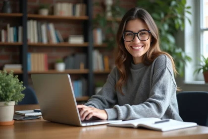 Jeune femme souriante apprend l'arabe sur son ordinateur à la maison