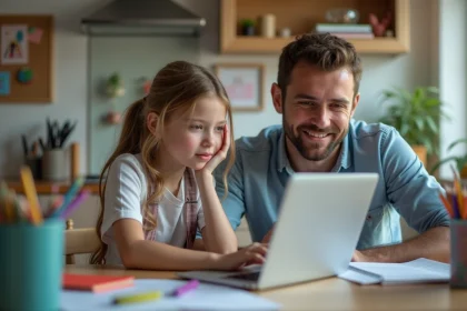 Fille de 12 ans et son père à la cuisine avec un ordinateur