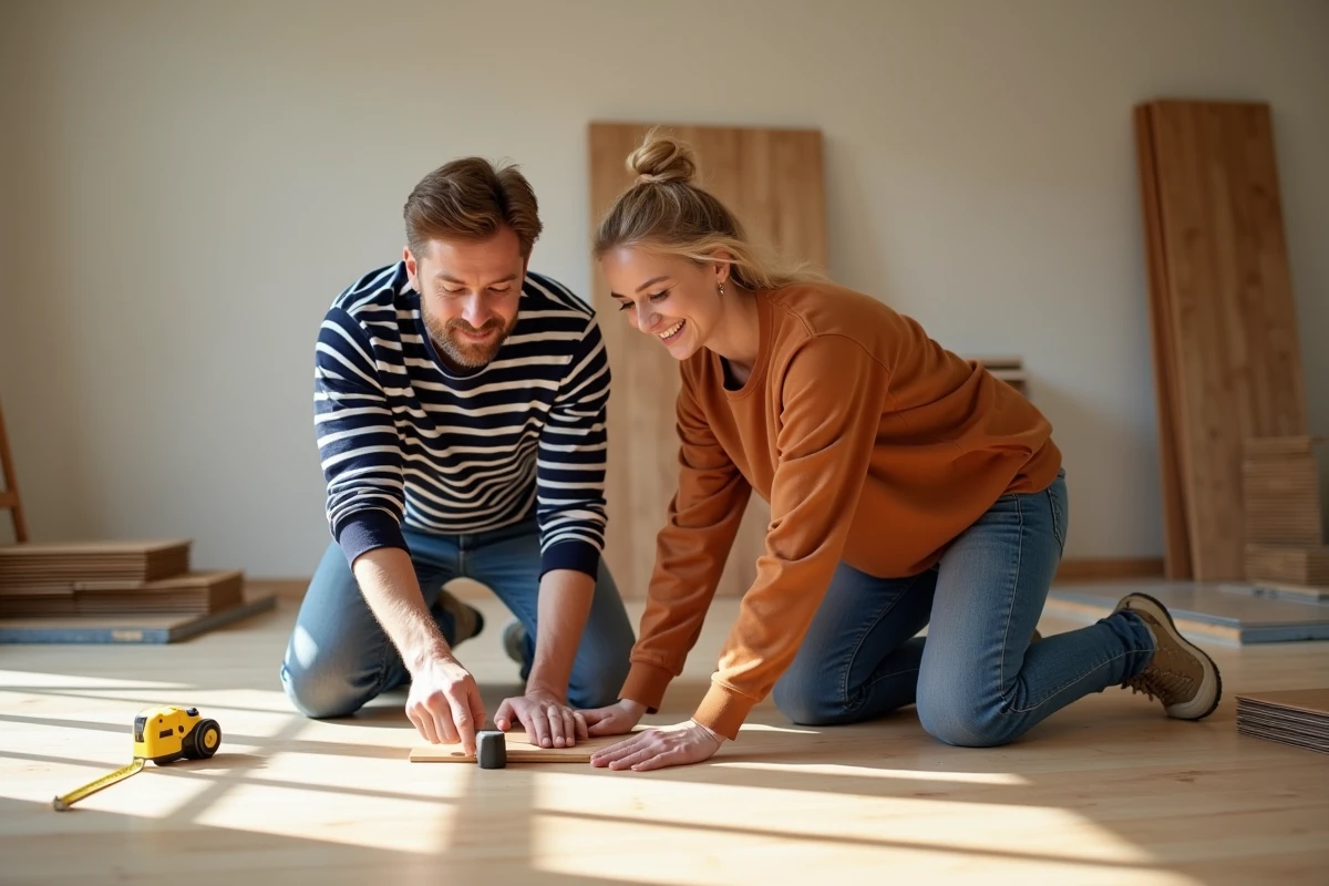 Couple posant un parquet flottant ensemble dans un salon en rénovation grâce à une formation bricolage en ligne