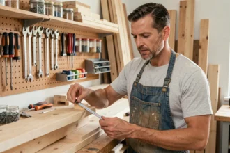 Homme adulte mesurant une étagère en bois dans un atelier de bricolage organisé, illustrant une formation pratique CPF au bricolage