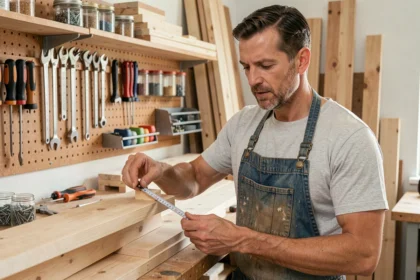 Homme adulte mesurant une étagère en bois dans un atelier de bricolage organisé, illustrant une formation pratique CPF au bricolage
