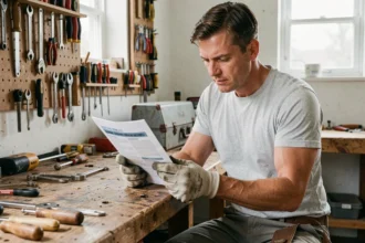 Homme consultant une brochure de formation bricolage CPF dans un atelier bien équipé