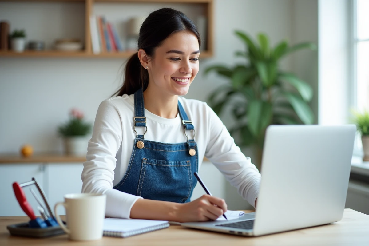 Femme adulte suivant une formation bricolage en ligne depuis chez elle avec un ordinateur portable et un carnet de notes