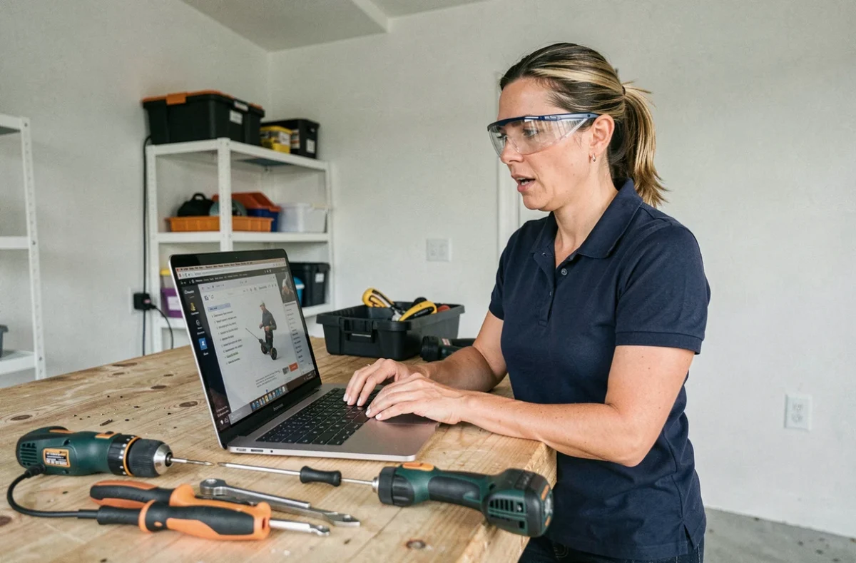 Femme suivant une formation en ligne au bricolage sur ordinateur portable dans un garage aménagé, représentant l'apprentissage CPF à domicile