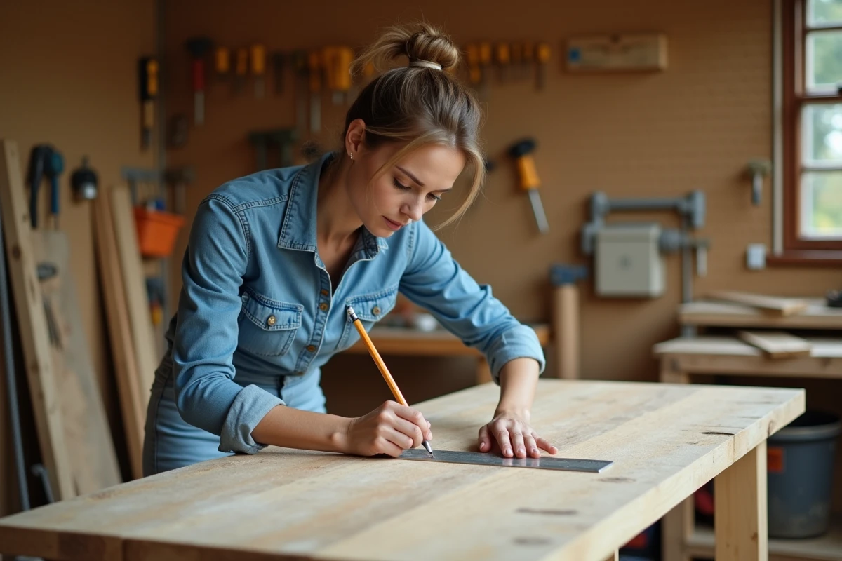 Femme mesurant une planche en bois dans un atelier de bricolage lors d'une session de formation pratique