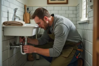 Homme en tablier réparant une canalisation sous un lavabo lors d'une formation bricolage à domicile