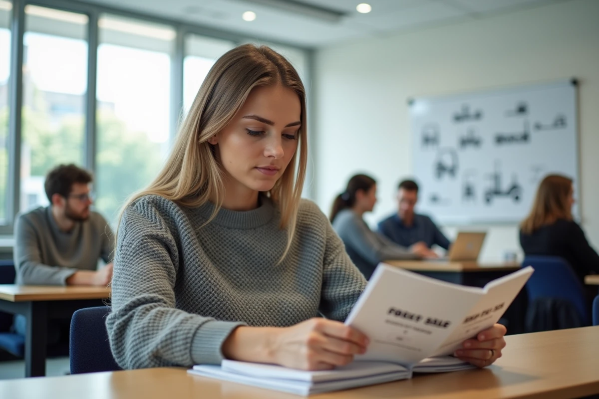 Femme en formation CACES dans une salle de cours consultant un manuel de certification chariot élévateur