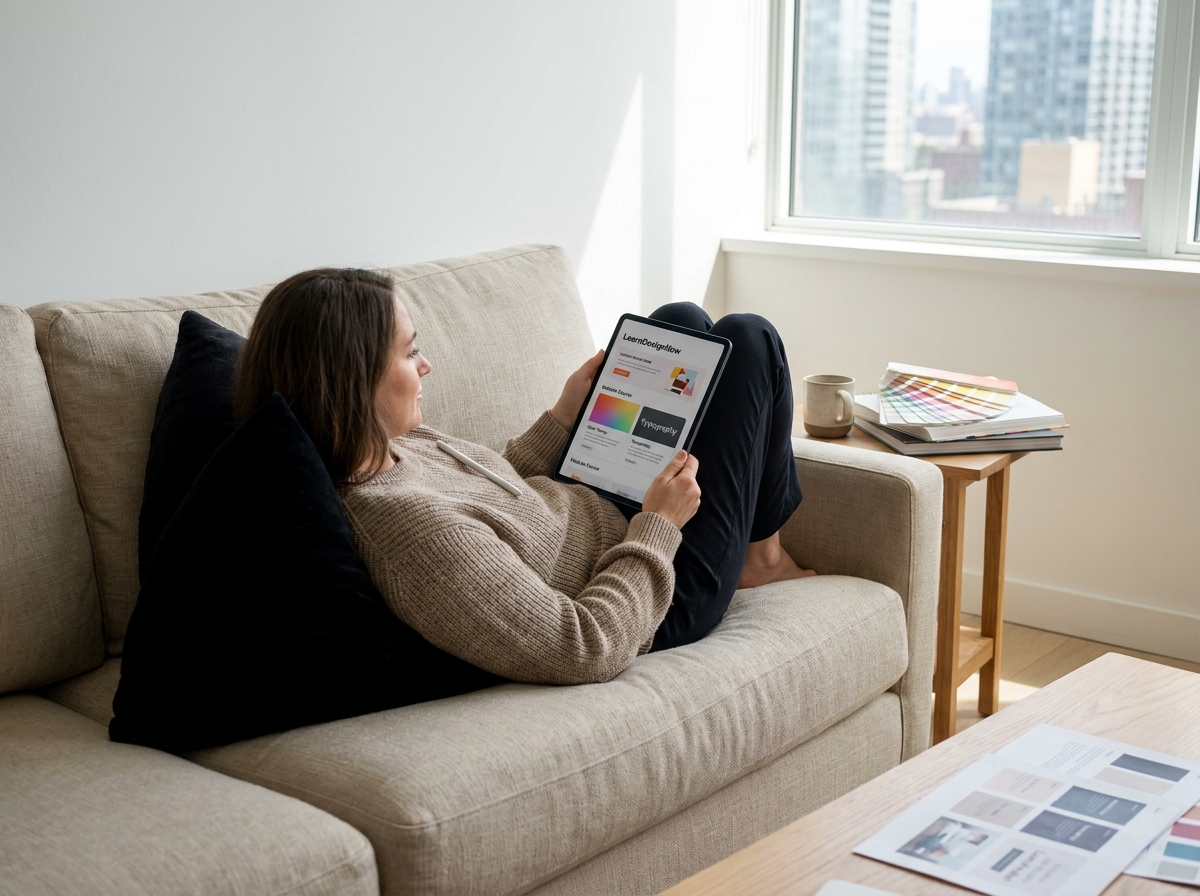Femme adulte suivant une formation en ligne de graphisme sur tablette dans un appartement minimaliste moderne