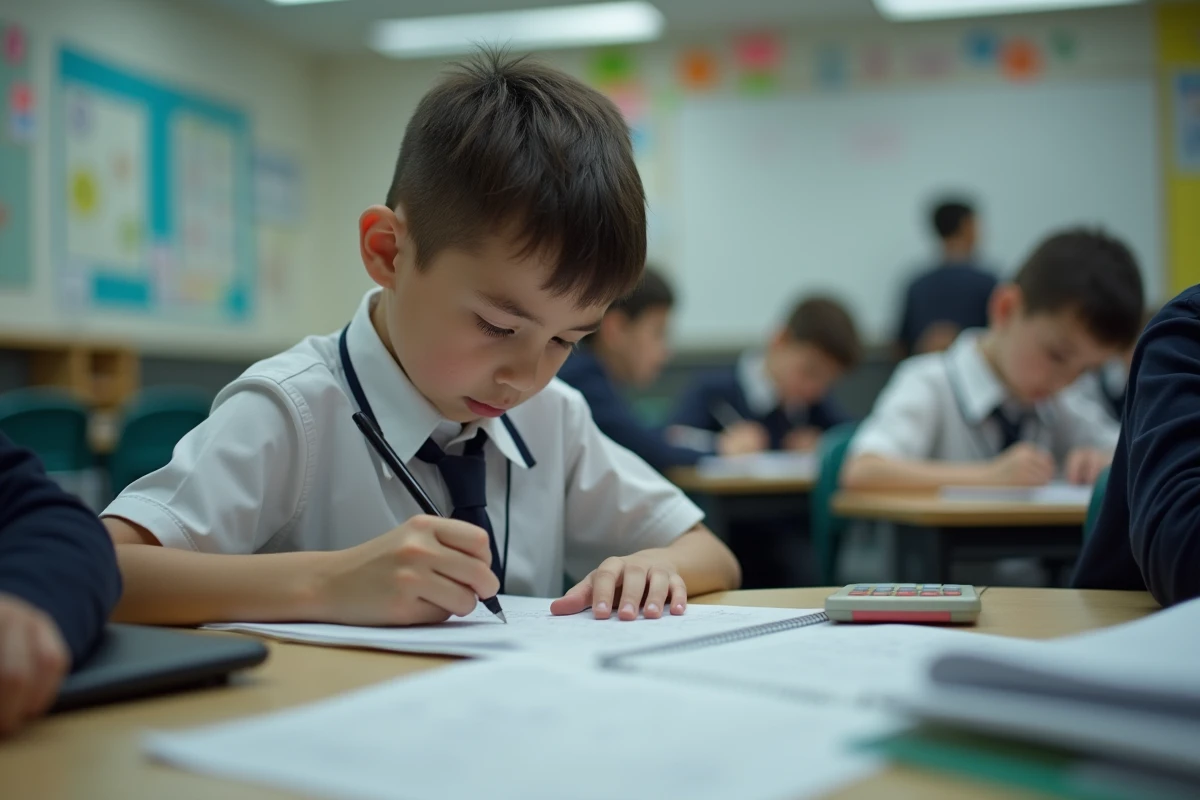 Adolescent concentré en classe avec ses notes de maths