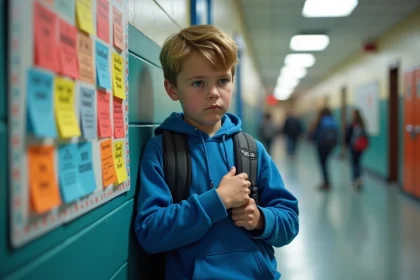 Garçon inquiet en hoodie bleu dans un couloir scolaire