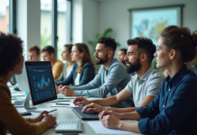 Groupe d'adultes en formation avec ordinateur et intelligence artificielle