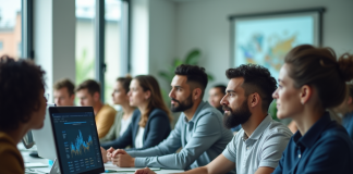 Groupe d'adultes en formation avec ordinateur et intelligence artificielle