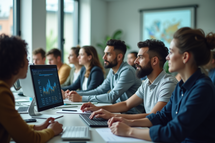 Groupe d'adultes en formation avec ordinateur et intelligence artificielle