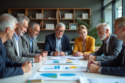 Groupe diversifié en réunion de travail en bureau moderne