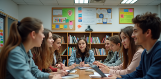Groupe de lycéens en discussion dans une salle moderne
