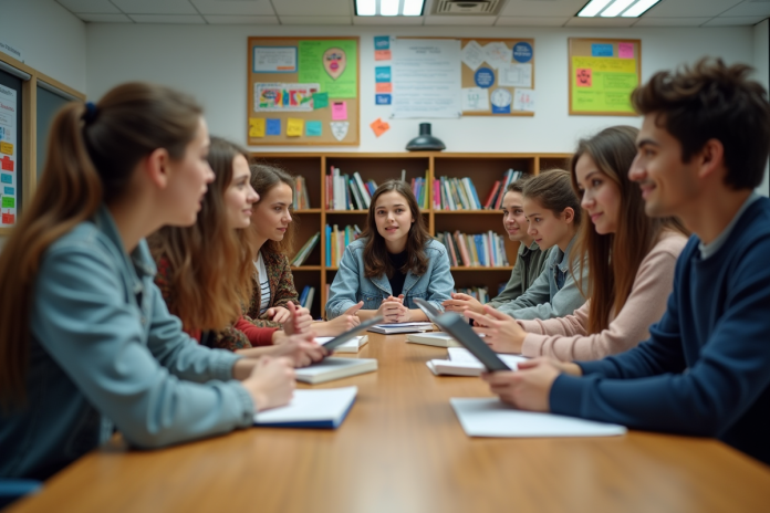 Groupe de lycéens en discussion dans une salle moderne
