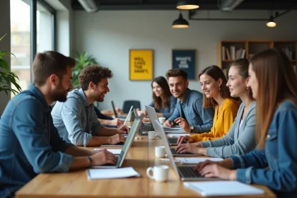 Groupe d'étudiants en étude dans une salle lumineuse