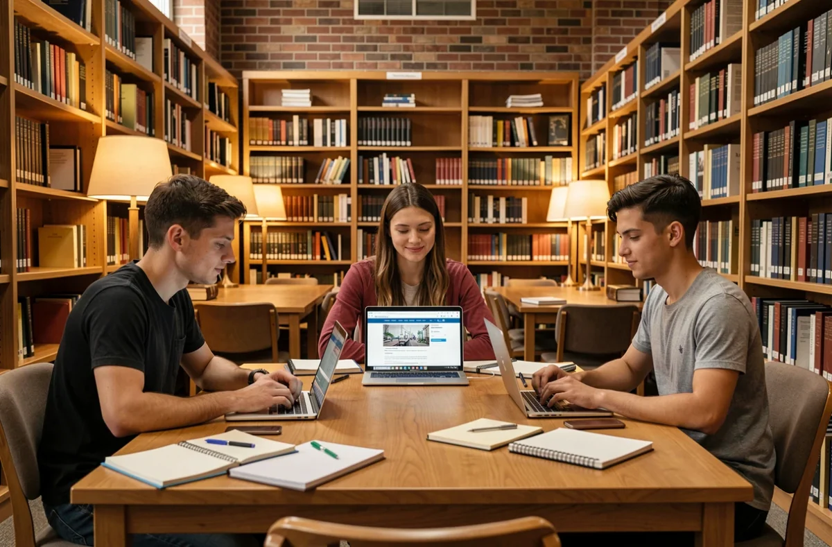 Groupe d'étudiants comparant les classements des écoles d'ingénieurs en bibliothèque universitaire