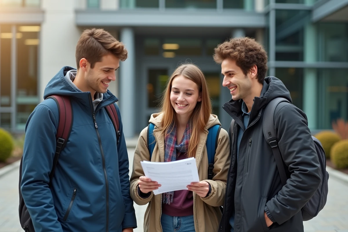 Trois étudiants discutant de leurs résultats devant l