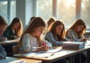 Groupe d'étudiants concentrés en examen dans une salle lumineuse