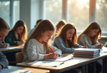 Groupe d'étudiants concentrés en examen dans une salle lumineuse