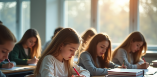 Groupe d'étudiants concentrés en examen dans une salle lumineuse