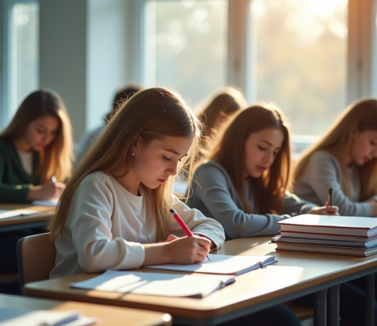 Groupe d'étudiants concentrés en examen dans une salle lumineuse