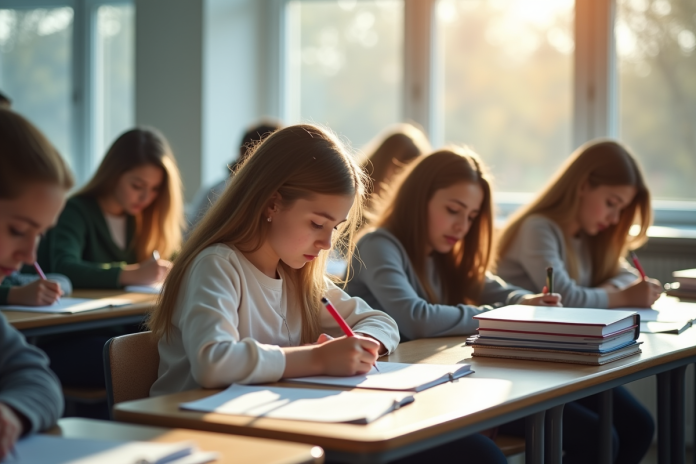 Groupe d'étudiants concentrés en examen dans une salle lumineuse