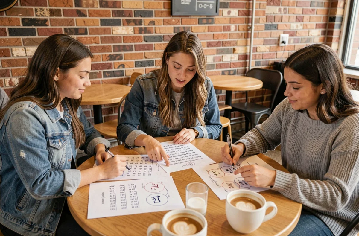 Groupe d'étudiants universitaires s'entraînant ensemble sur un quiz des décimales de Pi autour d'une table de café
