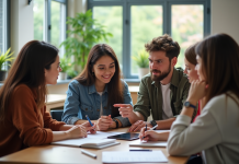 Groupe d'étudiants universitaires en discussion