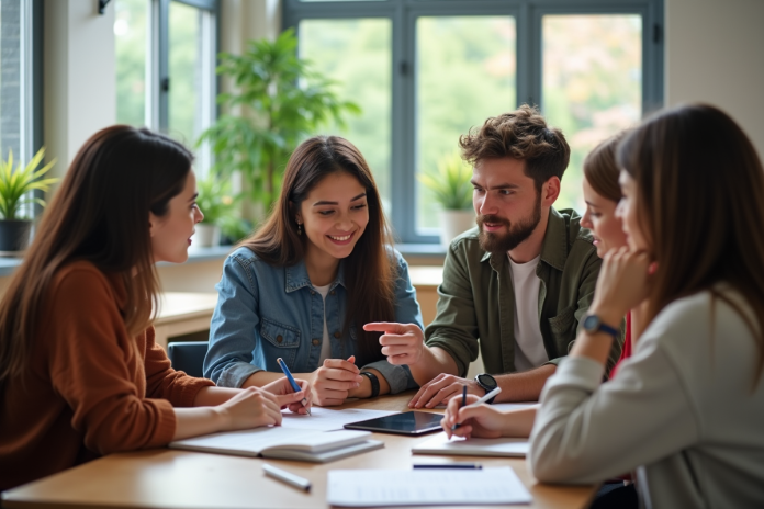 Groupe d'étudiants universitaires en discussion