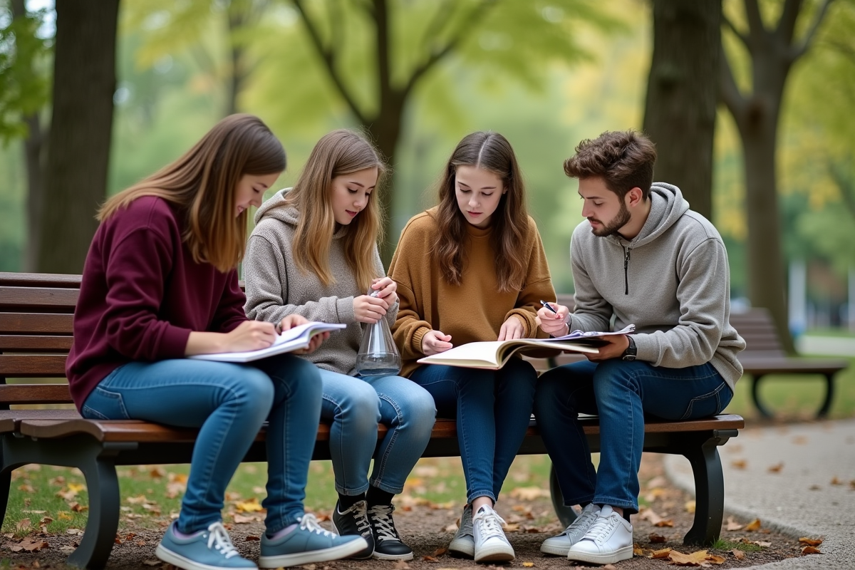 Groupe de lycéens en plein air manipulant des objets scientifiques