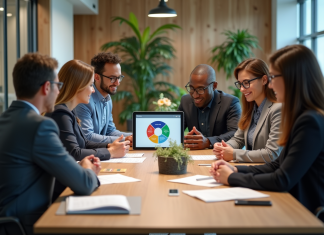 Groupe de professionnels discutant autour d'une table avec diagramme ADKAR
