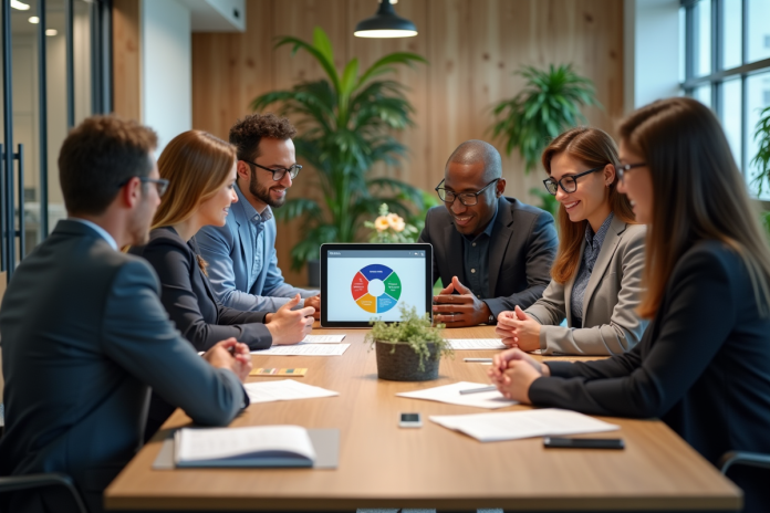 Groupe de professionnels discutant autour d'une table avec diagramme ADKAR