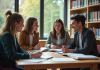 Groupe de jeunes professionnels dans une bibliothèque lumineuse