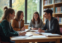 Groupe de jeunes professionnels dans une bibliothèque lumineuse
