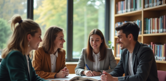 Groupe de jeunes professionnels dans une bibliothèque lumineuse