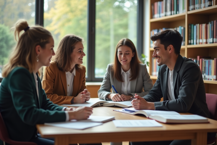 Groupe de jeunes professionnels dans une bibliothèque lumineuse