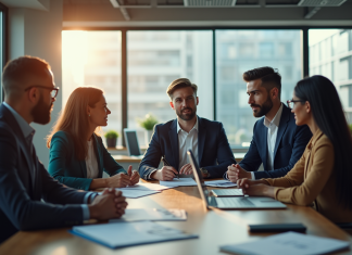 Groupe de professionnels dans un bureau lumineux en réunion
