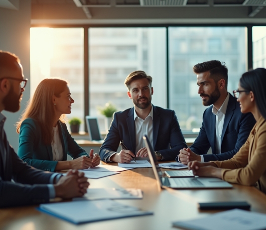 Groupe de professionnels dans un bureau lumineux en réunion