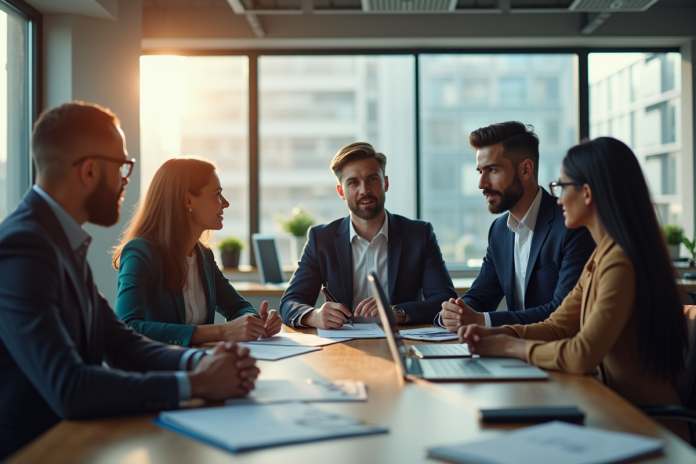 Groupe de professionnels dans un bureau lumineux en réunion